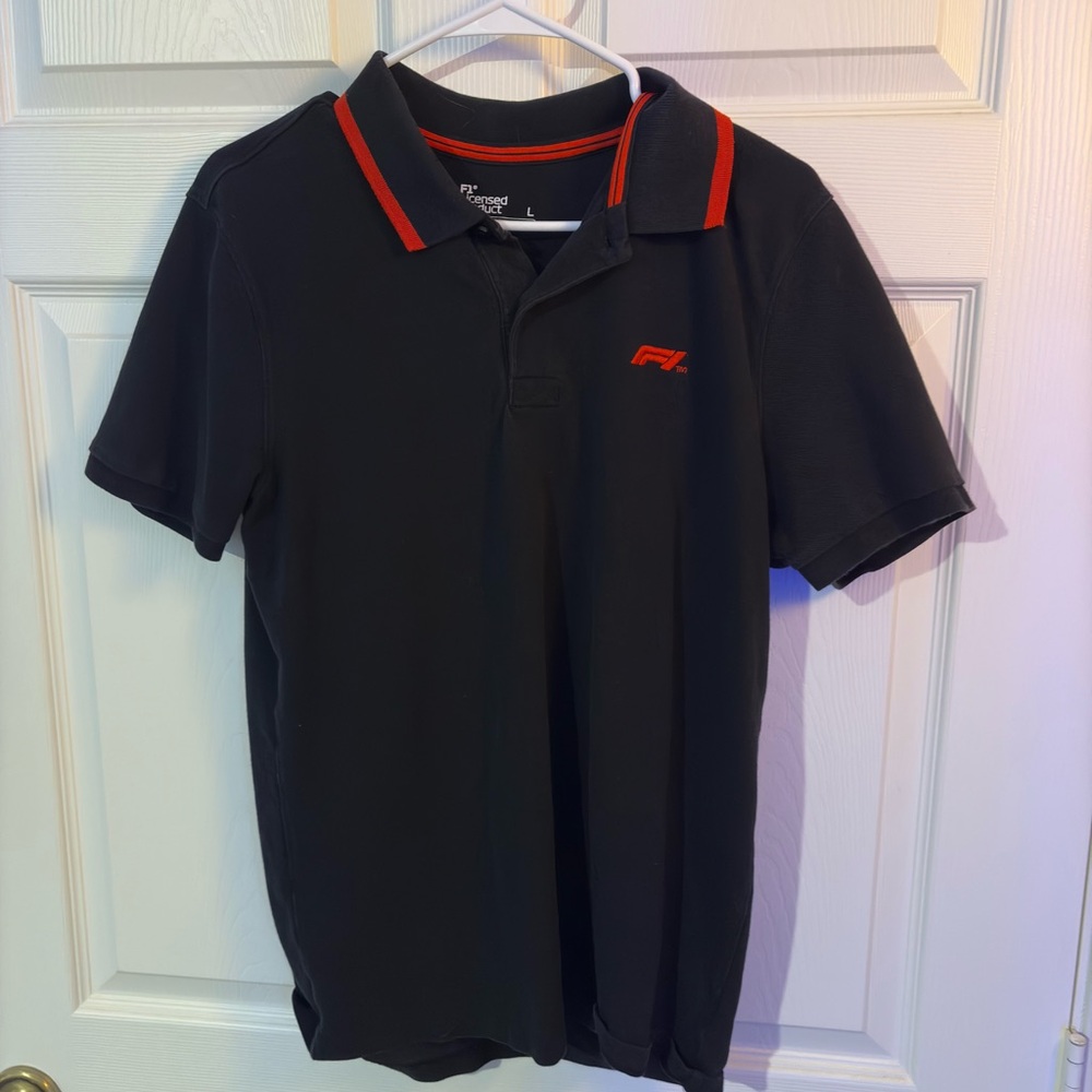 F1 black cotton polo with red accents